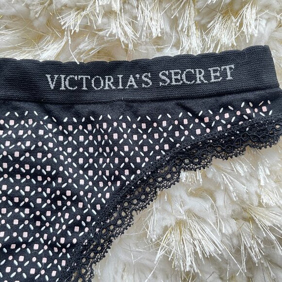 New Victoria's Secret Thong Panty Small Black White Pink Lace Trim NWT - Picture 2 of 4